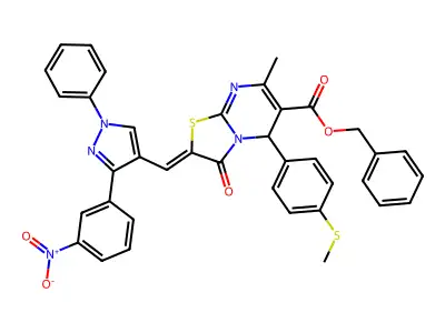 Benzyl 7-methyl-5-[4-(methylsulfanyl)phenyl]-2-{[3-(3-nitrophenyl)-1-phenyl-1H-pyrazol-4-yl]methylidene}-3-oxo-2,3-dihydro-5H-[1,3]thiazolo[3,2-a]pyrimidine-6-carboxylate structure