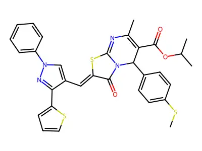 Propan-2-yl 7-methyl-5-[4-(methylsulfanyl)phenyl]-3-oxo-2-{[1-phenyl-3-(thiophen-2-yl)-1H-pyrazol-4-yl]methylidene}-2,3-dihydro-5H-[1,3]thiazolo[3,2-a]pyrimidine-6-carboxylate structure