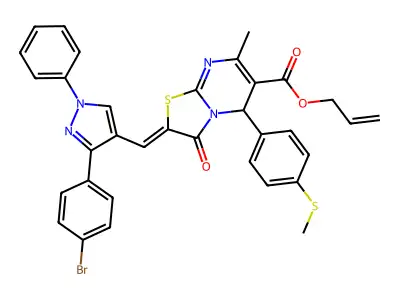 Prop-2-en-1-yl 2-{[3-(4-bromophenyl)-1-phenyl-1H-pyrazol-4-yl]methylidene}-7-methyl-5-[4-(methylsulfanyl)phenyl]-3-oxo-2,3-dihydro-5H-[1,3]thiazolo[3,2-a]pyrimidine-6-carboxylate structure