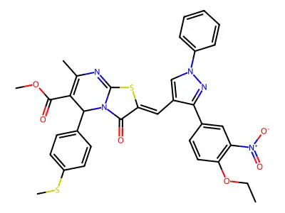 Methyl 2-{[3-(4-ethoxy-3-nitrophenyl)-1-phenyl-1H-pyrazol-4-yl]methylidene}-7-methyl-5-[4-(methylsulfanyl)phenyl]-3-oxo-2,3-dihydro-5H-[1,3]thiazolo[3,2-a]pyrimidine-6-carboxylate structure