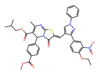 2-methylpropyl 2-[[3-(4-ethoxy-3-nitrophenyl)-1-phenylpyrazol-4-yl]methylidene]-5-(4-methoxycarbonylphenyl)-7-methyl-3-oxo-5H-[1,3]thiazolo[3,2-a]pyrimidine-6-carboxylate structure