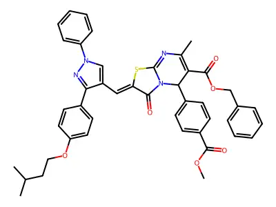 Benzyl 5-[4-(methoxycarbonyl)phenyl]-7-methyl-2-({3-[4-(3-methylbutoxy)phenyl]-1-phenyl-1H-pyrazol-4-yl}methylidene)-3-oxo-2,3-dihydro-5H-[1,3]thiazolo[3,2-a]pyrimidine-6-carboxylate structure