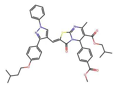 2-methylpropyl 5-(4-methoxycarbonylphenyl)-7-methyl-2-[[3-[4-(3-methylbutoxy)phenyl]-1-phenylpyrazol-4-yl]methylidene]-3-oxo-5H-[1,3]thiazolo[3,2-a]pyrimidine-6-carboxylate structure