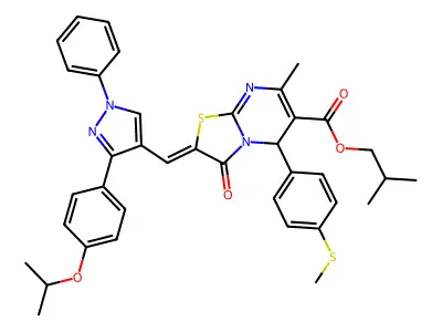 2-methylpropyl 7-methyl-5-(4-methylsulfanylphenyl)-3-oxo-2-[[1-phenyl-3-(4-propan-2-yloxyphenyl)pyrazol-4-yl]methylidene]-5H-[1,3]thiazolo[3,2-a]pyrimidine-6-carboxylate structure