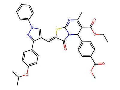 Ethyl 5-[4-(methoxycarbonyl)phenyl]-7-methyl-3-oxo-2-[(1-phenyl-3-{4-[(propan-2-yl)oxy]phenyl}-1H-pyrazol-4-yl)methylidene]-2,3-dihydro-5H-[1,3]thiazolo[3,2-a]pyrimidine-6-carboxylate structure