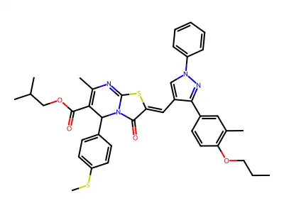 2-Methylpropyl 7-methyl-2-{[3-(3-methyl-4-propoxyphenyl)-1-phenyl-1H-pyrazol-4-yl]methylidene}-5-[4-(methylsulfanyl)phenyl]-3-oxo-2,3-dihydro-5H-[1,3]thiazolo[3,2-a]pyrimidine-6-carboxylate structure