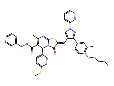 Benzyl 2-{[3-(4-butoxy-3-methylphenyl)-1-phenyl-1H-pyrazol-4-yl]methylidene}-7-methyl-5-[4-(methylsulfanyl)phenyl]-3-oxo-2,3-dihydro-5H-[1,3]thiazolo[3,2-a]pyrimidine-6-carboxylate structure