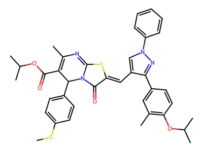 Propan-2-yl 7-methyl-2-[(3-{3-methyl-4-[(propan-2-yl)oxy]phenyl}-1-phenyl-1H-pyrazol-4-yl)methylidene]-5-[4-(methylsulfanyl)phenyl]-3-oxo-2,3-dihydro-5H-[1,3]thiazolo[3,2-a]pyrimidine-6-carboxylate structure