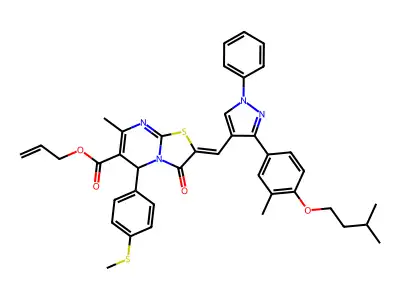 Prop-2-en-1-yl 7-methyl-2-({3-[3-methyl-4-(3-methylbutoxy)phenyl]-1-phenyl-1H-pyrazol-4-yl}methylidene)-5-[4-(methylsulfanyl)phenyl]-3-oxo-2,3-dihydro-5H-[1,3]thiazolo[3,2-a]pyrimidine-6-carboxylate structure
