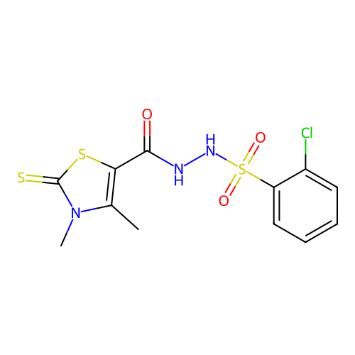 2-chloro-N'-(3,4-dimethyl-2-thioxo-2,3-dihydrothiazole-5-carbonyl)benzenesulfonohydrazide structure