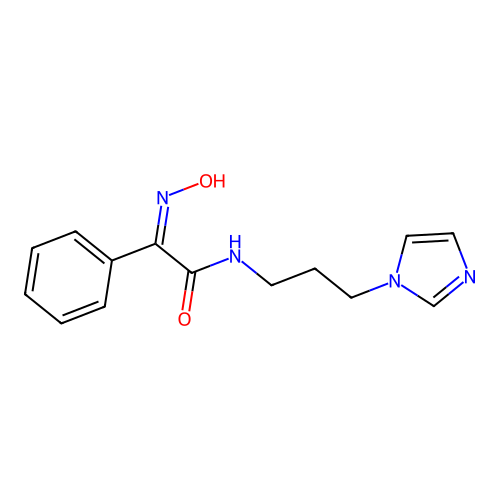 (2Z)-2-(hydroxyimino)-N-[3-(1H-imidazol-1-yl)propyl]-2-phenylethanamide structure