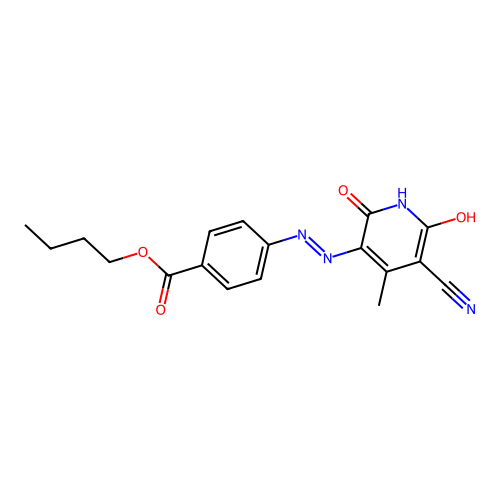 (E)-butyl 4-((5-cyano-2-hydroxy-4-methyl-6-oxo-1,6-dihydropyridin-3-yl)diazenyl)benzoate structure