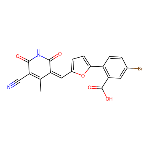 (Z)-5-bromo-2-(5-((5-cyano-6-hydroxy-4-methyl-2-oxopyridin-3(2H)-ylidene)methyl)furan-2-yl)benzoic acid structure