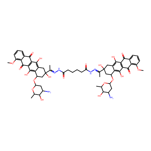 Hexanedioic acid,3,6-trideoxy-.alpha.-L-lyxo-hexopyranosyl)oxy]-1,2,3,4,6,11-hexahydro-2,5,12-trihydroxy-7-methoxy-6,11-dioxo-2-naphthacenyl]ethylidene]hydrazide], dihydrochloride structure