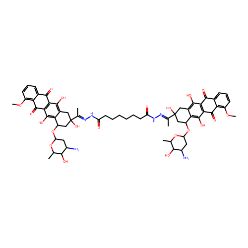 N'~1~,N'~8~-Bis[(1E)-1-{4-[(3-amino-2,3,6-trideoxyhexopyranosyl)oxy]-2,5,12-trihydroxy-7-methoxy-6,11-dioxo-1,2,3,4,6,11-hexahydrotetracen-2-yl}ethylidene]octanedihydrazide structure