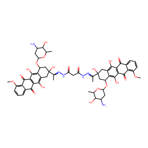 N'~1~,N'~3~-Bis[(1E)-1-{4-[(3-amino-2,3,6-trideoxyhexopyranosyl)oxy]-2,5,12-trihydroxy-7-methoxy-6,11-dioxo-1,2,3,4,6,11-hexahydrotetracen-2-yl}ethylidene]propanedihydrazide structure