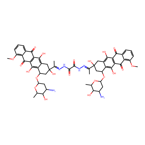 Ethanedioic acid,3,6-trideoxy-.alpha.-L-lyxo-hexopyranosyl)oxy]-1,2,3,4,6,11-hexahydro-2,5,12-trihydroxy-7-methoxy-6,11-dioxo-2-naphthacenyl]ethylidene]hydrazide], dihydrochloride, [2S-[2.alpha.,2(2R*,4R*),4.alpha.]]- structure