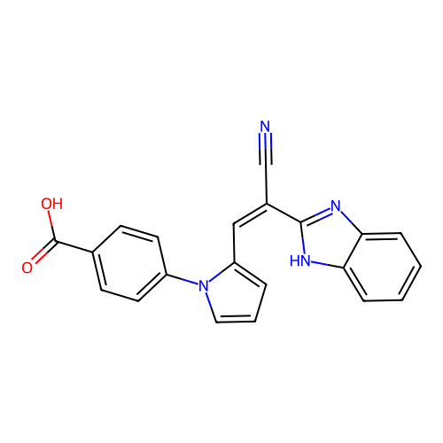 4-{2-[(Z)-2-(1H-benzimidazol-2-yl)-2-cyanoethenyl]-1H-pyrrol-1-yl}benzoic acid structure