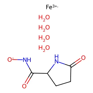Iron(2+), tetraaqua(N-hydroxy-5-oxo-2-pyrrolidinecarboxamidato)-, (OC-6-23)- structure