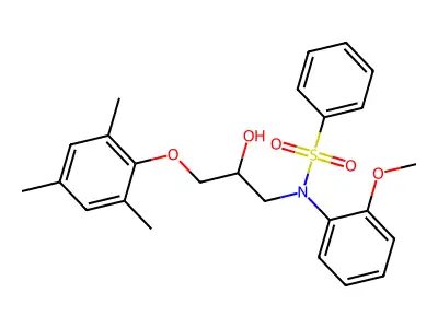 N-[2-hydroxy-3-(2,4,6-trimethylphenoxy)propyl]-N-(2-methoxyphenyl)benzenesulfonamide structure