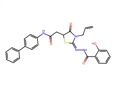 2-hydroxy-N-[[4-oxo-5-[2-oxo-2-(4-phenylanilino)ethyl]-3-prop-2-enyl-1,3-thiazolidin-2-ylidene]amino]benzamide structure