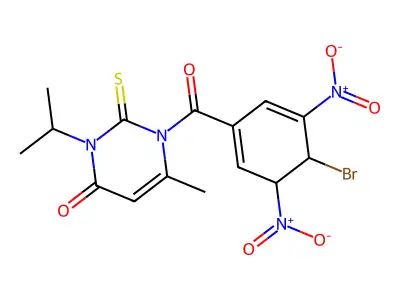 1-(4-bromo-3,5-dinitrocyclohexa-1,5-diene-1-carbonyl)-6-methyl-3-propan-2-yl-2-sulfanylidenepyrimidin-4-one structure