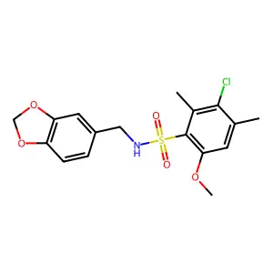 N-(1,3-benzodioxol-5-ylmethyl)-3-chloro-6-methoxy-2,4-dimethylbenzenesulfonamide structure