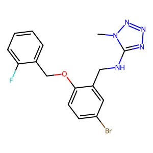 N-[[5-bromo-2-[(2-fluorophenyl)methoxy]phenyl]methyl]-1-methyltetrazol-5-amine structure