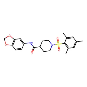 N-(1,3-benzodioxol-5-yl)-1-(2,4,6-trimethylphenyl)sulfonylpiperidine-4-carboxamide structure