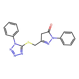 2-phenyl-5-{[(1-phenyl-1H-tetrazol-5-yl)sulfanyl]methyl}-2,4-dihydro-3H-pyrazol-3-one structure