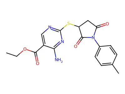 ethyl 4-amino-2-{[1-(4-methylphenyl)-2,5-dioxo-3-pyrrolidinyl]thio}-5-pyrimidinecarboxylate structure