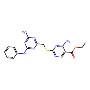 4-amino-2-[(4-amino-6-anilino-1,3,5-triazin-2-yl)methylthio]-5-pyrimidinecarboxylic acid ethyl ester structure