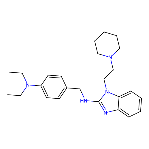 N-[[4-(diethylamino)phenyl]methyl]-1-(2-piperidin-1-ylethyl)benzimidazol-2-amine structure