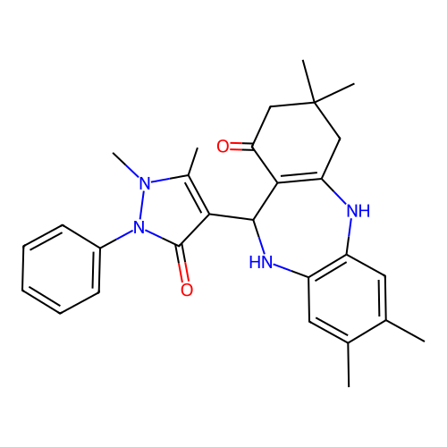 11-(1,5-dimethyl-3-oxo-2-phenyl-2,3-dihydro-1H-pyrazol-4-yl)-3,3,7,8-tetramethyl-2,3,4,5,10,11-hexahydro-1H-dibenzo[b,e][1,4]diazepin-1-one structure