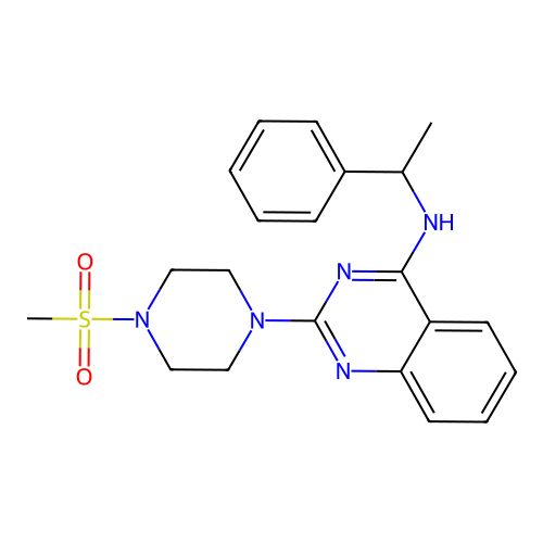 2-[4-(methylsulfonyl)-1-piperazinyl]-N-(1-phenylethyl)-4-quinazolinamine structure