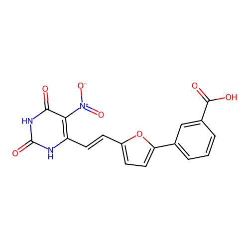 3-{5-[(E)-2-(2,6-dihydroxy-5-nitropyrimidin-4-yl)ethenyl]furan-2-yl}benzoic acid structure