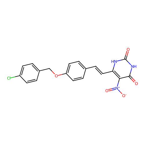 6-[(E)-2-{4-[(4-chlorobenzyl)oxy]phenyl}ethenyl]-5-nitropyrimidine-2,4-diol structure