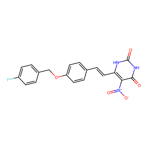 6-[(E)-2-{4-[(4-fluorobenzyl)oxy]phenyl}ethenyl]-5-nitropyrimidine-2,4-diol structure
