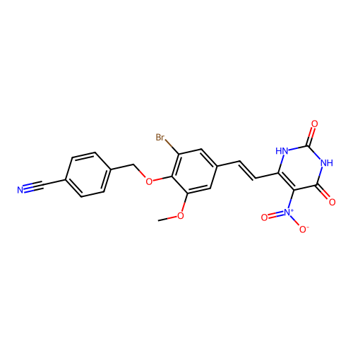(E)-4-((2-bromo-6-methoxy-4-(2-(5-nitro-2,6-dioxo-1,2,3,6-tetrahydropyrimidin-4-yl)vinyl)phenoxy)methyl)benzonitrile structure
