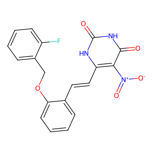 6-[(E)-2-{2-[(2-fluorobenzyl)oxy]phenyl}ethenyl]-5-nitropyrimidine-2,4-diol structure