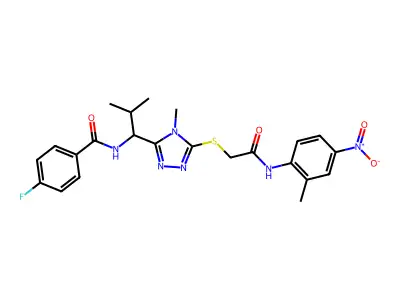 4-fluoro-N-[2-methyl-1-[4-methyl-5-[2-(2-methyl-4-nitroanilino)-2-oxoethyl]sulfanyl-1,2,4-triazol-3-yl]propyl]benzamide structure