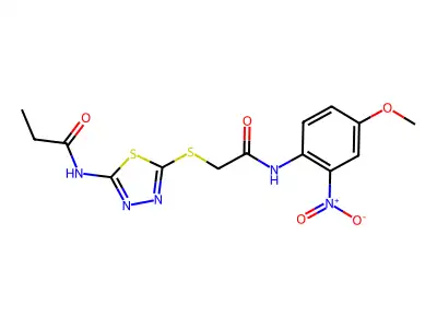 N-[5-[2-(4-methoxy-2-nitroanilino)-2-oxoethyl]sulfanyl-1,3,4-thiadiazol-2-yl]propanamide structure