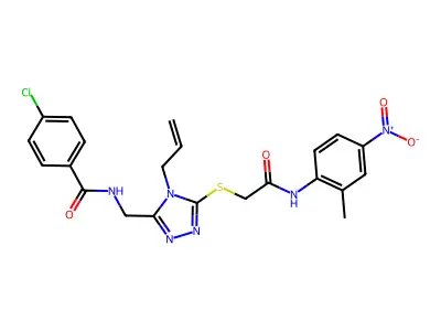 4-chloro-N-[[5-[2-(2-methyl-4-nitroanilino)-2-oxoethyl]sulfanyl-4-prop-2-enyl-1,2,4-triazol-3-yl]methyl]benzamide structure