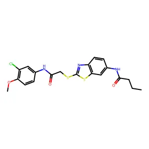 N-[2-[2-(3-chloro-4-methoxyanilino)-2-oxoethyl]sulfanyl-1,3-benzothiazol-6-yl]butanamide structure