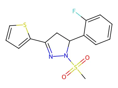 5-(2-fluorophenyl)-1-(methylsulfonyl)-3-(thiophen-2-yl)-4,5-dihydro-1H-pyrazole structure