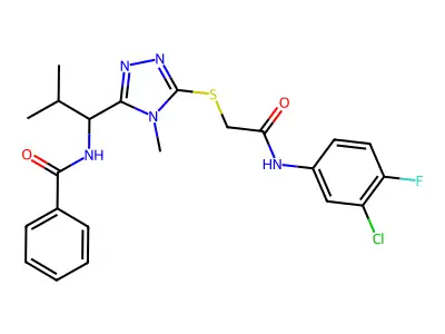 N-[1-[5-[2-(3-chloro-4-fluoroanilino)-2-oxoethyl]sulfanyl-4-methyl-1,2,4-triazol-3-yl]-2-methylpropyl]benzamide structure
