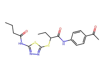 N-(4-acetylphenyl)-2-[[5-(butanoylamino)-1,3,4-thiadiazol-2-yl]sulfanyl]butanamide structure