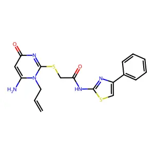 2-(6-amino-4-oxo-1-prop-2-enylpyrimidin-2-yl)sulfanyl-N-(4-phenyl-1,3-thiazol-2-yl)acetamide structure