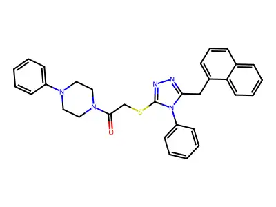 2-[[5-(naphthalen-1-ylmethyl)-4-phenyl-1,2,4-triazol-3-yl]sulfanyl]-1-(4-phenylpiperazin-1-yl)ethanone structure