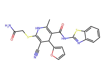 6-(2-amino-2-oxoethyl)sulfanyl-N-(1,3-benzothiazol-2-yl)-5-cyano-4-(furan-2-yl)-2-methyl-1,4-dihydropyridine-3-carboxamide structure